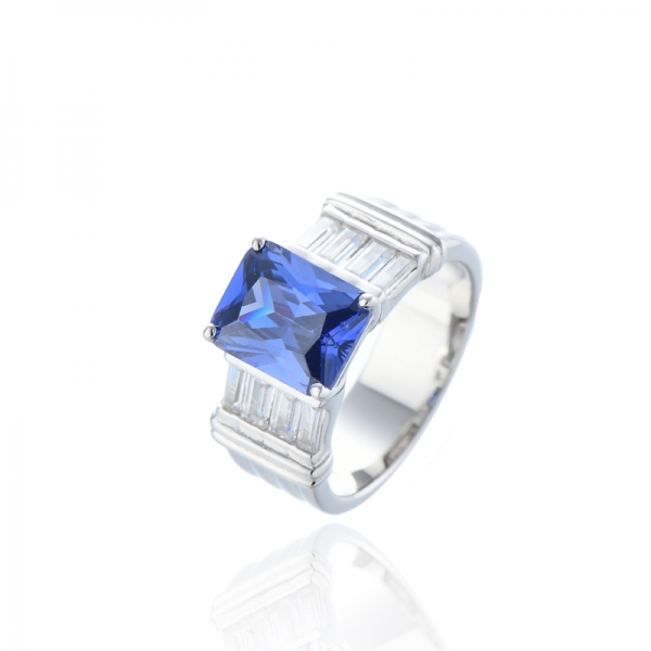 Octagon Tanzanite And Baguette White Cubic Zircon Rhodium Silver Ring 