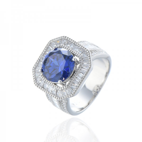 Round Tanzanite And White Cubic Zircon Rhodium Silver Ring 