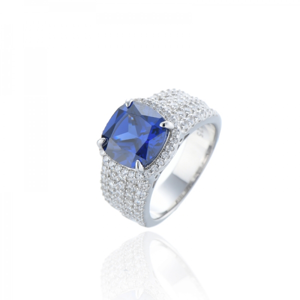 Cushion Tanzanite And Round White Cubic Zircon Rhodium Silver Ring 