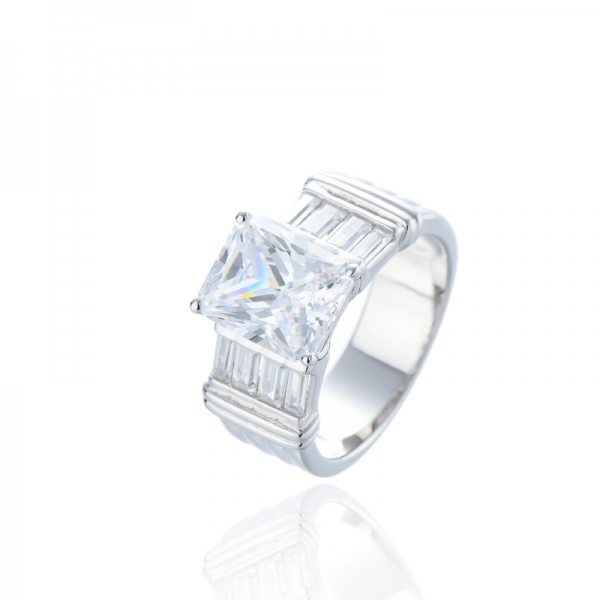 Octagon Tanzanite And Baguette White Cubic Zircon Rhodium Silver Ring 