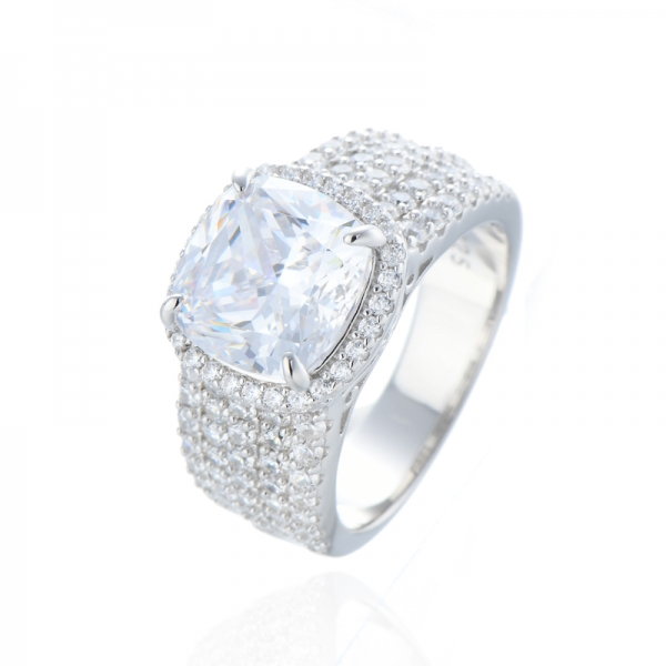 Cushion Tanzanite And Round White Cubic Zircon Rhodium Silver Ring 