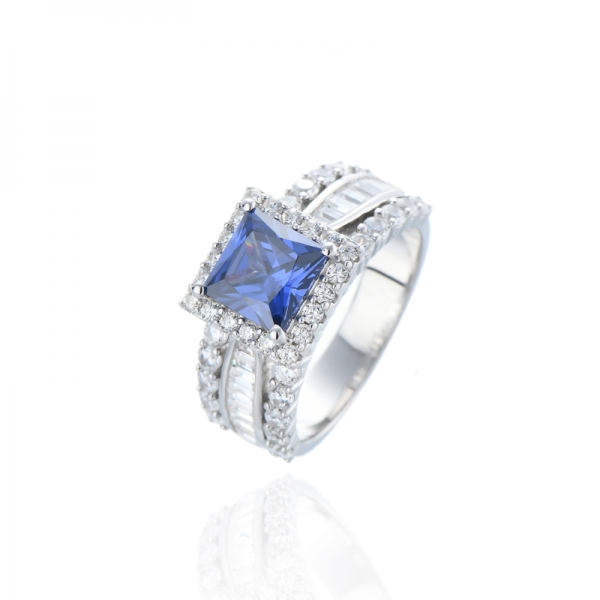 Square Tanzanite And White Cubic Zircon Rhodium Silver Ring 