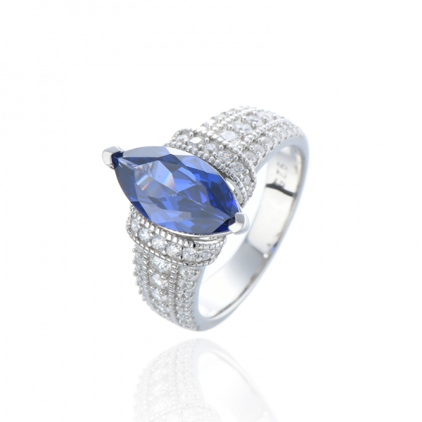 Marquise And Round White Cubic Zircon Rhodium Silver Ring 