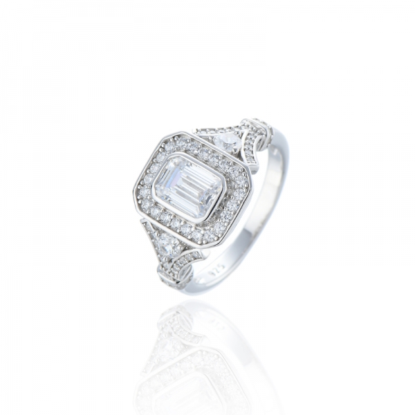 Emerald Cut Green Nano And Round White Cubic Zircon Rhodium Silver Ring 