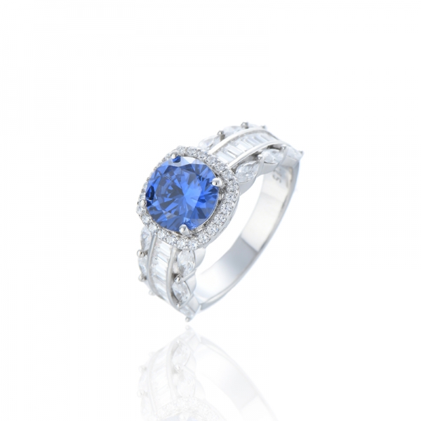 Round Tanzanite And White Cubic Zircon Rhodium Silver Ring 