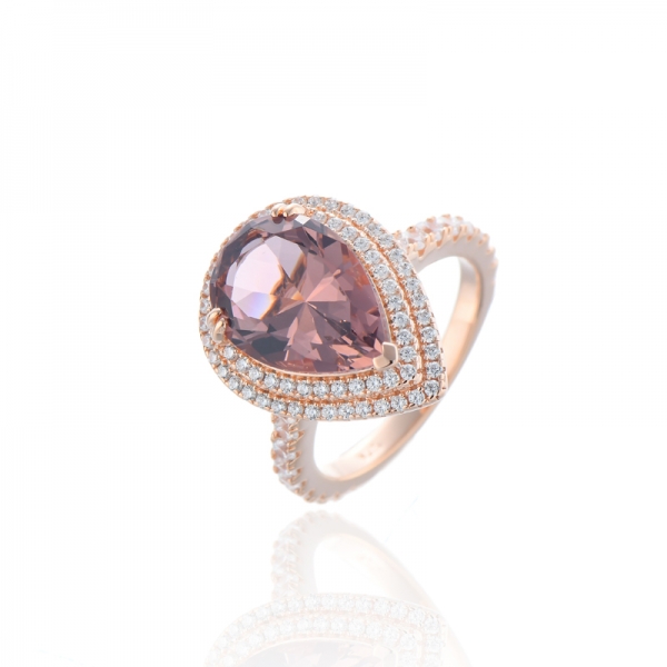 Pear Shape Morganite Nano And Round White Cubic Zircon Silver Ring With Rose Gold Plating 