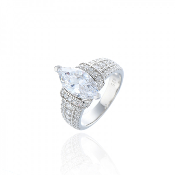 Marquise And Round White Cubic Zircon Rhodium Silver Ring 