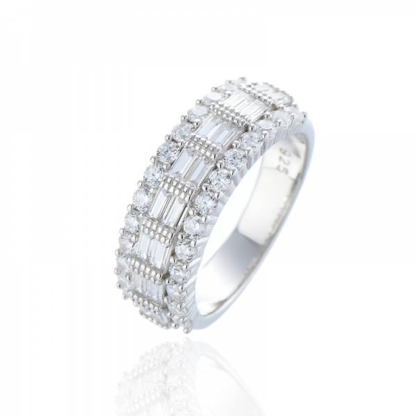 Baguette And Round White Cubic Zircon Rhodium Silver Ring 