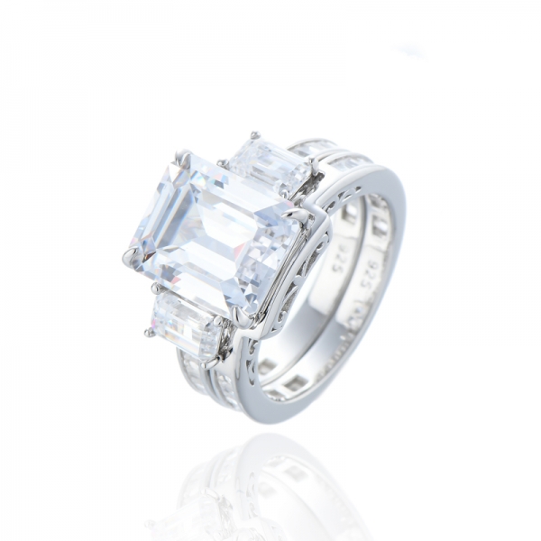 925 Emerald Cut And Baguette White Cubic Zircon Rhodium Silver Ring 