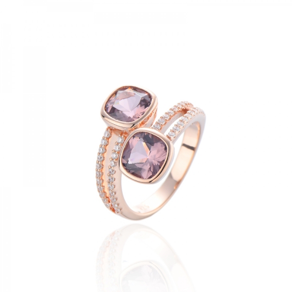 Cushion Morganite Nano And Round White Cubic Zircon Silver Ring With Rose Gold Plating 