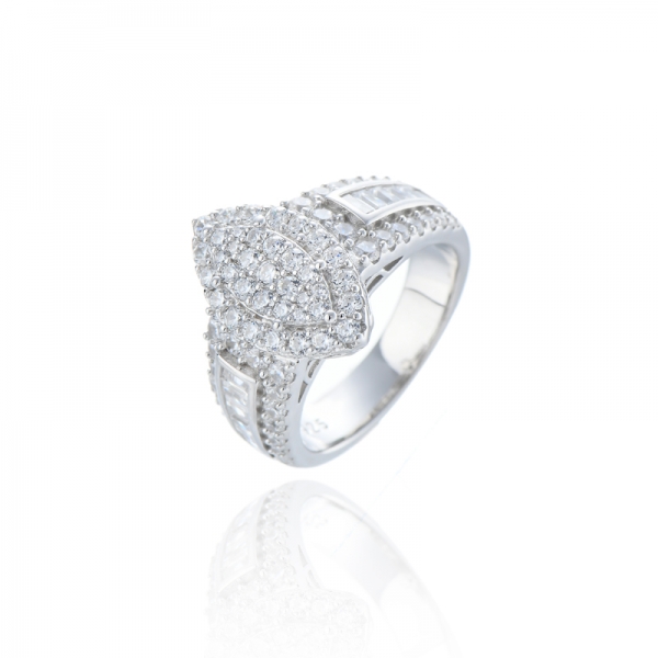 Baguette And Round White Cubic Zircon Rhodium Silver Ring 