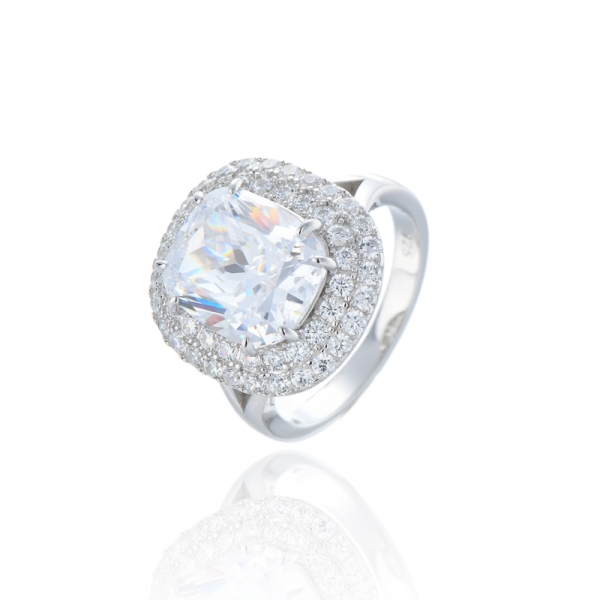 925 Cushion And Round White Cubic Zircon Rhodium Silver Ring 