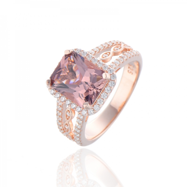 Octagon Morganite Nano And White Cubic Zircon Silver Ring With Rose Gold Plating 