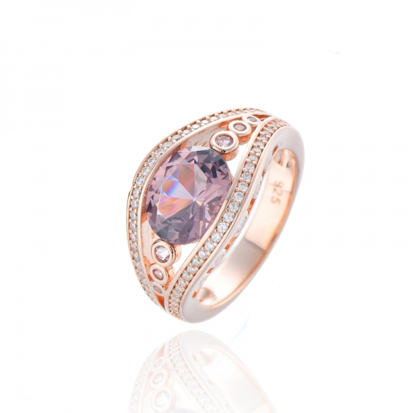 Oval Shape Morganite Nano And Round White Cubic Zircon Silver Ring With Rose Gold Plating 