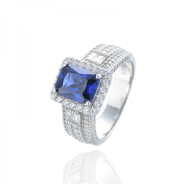 Octagon Tanzanite And White Cubic Zircon Rhodium Silver Ring 