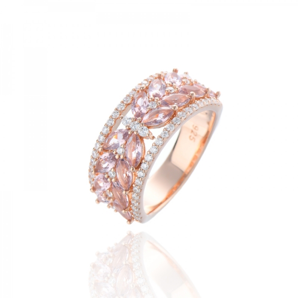 Marquise Morganite Nano And Round White Cubic Zircon Silver Ring With Rose Gold Plating 