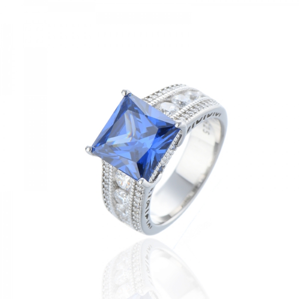 Square Tanzanite And Round White Cubic Zircon Rhodium Silver Ring 