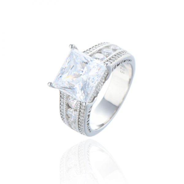 Square Tanzanite And Round White Cubic Zircon Rhodium Silver Ring 