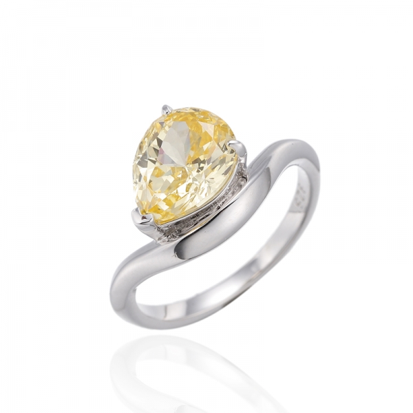 Pear Shape Diamond Yellow Cubic Zircon Rhodium Silver Ring 