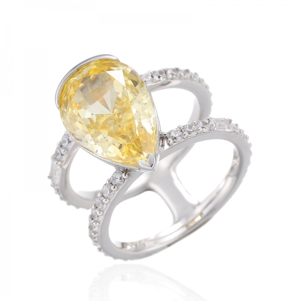 Pear Shape Diamond Yellow And White Cubic Zircon Rhodium Silver Ring 