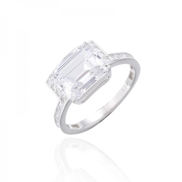 Emerald Diamond Pink And Square White Cubic Zircon Rhodium Silver Ring 