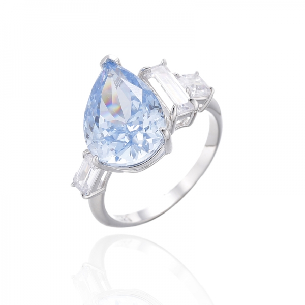 Pear Shape Diamond Blue And White Cubic Zircon Rhodium Silver Ring 