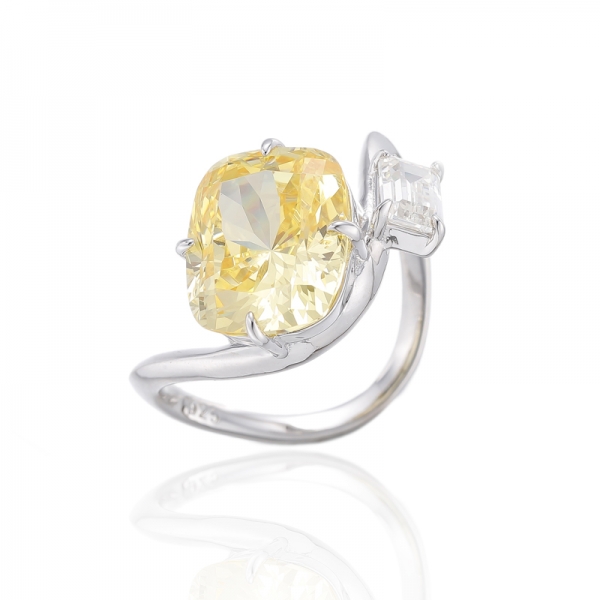Cushion Diamond Yellow And Emerald White Cubic Zircon Rhodium Silver Ring 