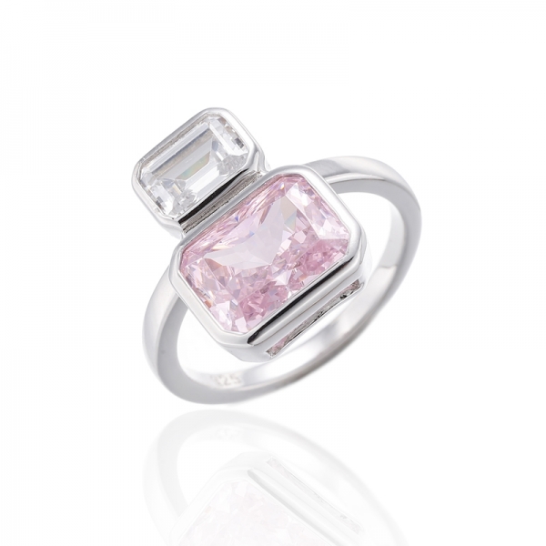 Emerald Cut Diamond Pink And White Cubic Zircon Rhodium Silver Ring 