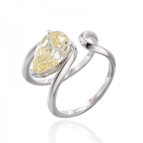 Pear Shape Diamond Yellow Cubic Zircon Rhodium Silver Open Ring 