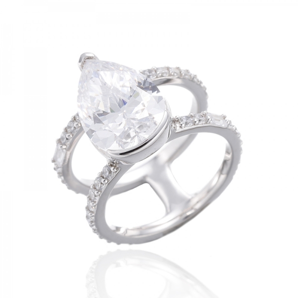 Pear Shape Diamond Yellow And White Cubic Zircon Rhodium Silver Ring 