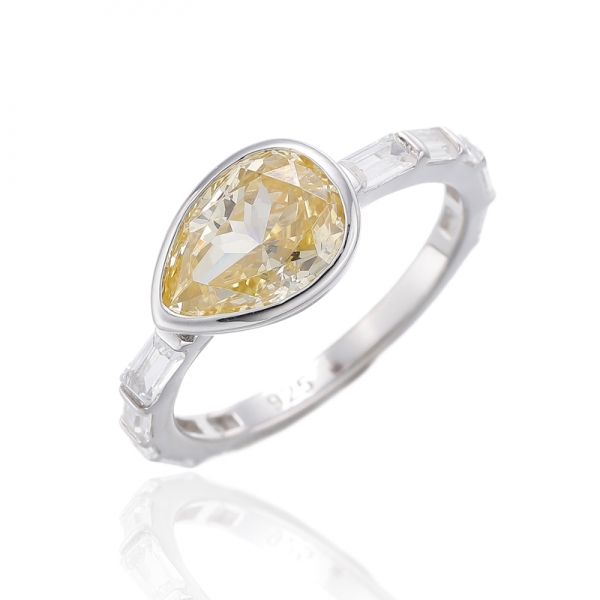 Pear Shape Diamond Yellow And White Cubic Zircon Rhodium Silver Ring 