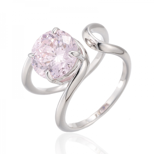 Round Diamond Pink Cubic Zircon Rhodium Silver Open Ring 