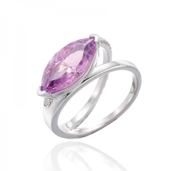 Marquise Light Rose And Round White Cubic Zircon Rhodium Silver Ring 