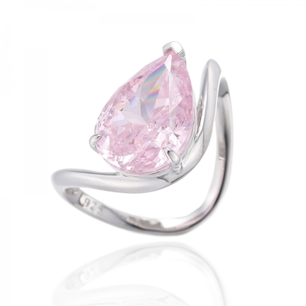 Pear Shape Diamond Pink Cubic Zircon Rhodium Silver Ring 