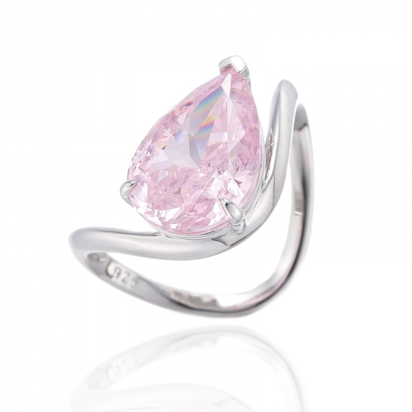 Pear Shape Diamond Pink Cubic Zircon Rhodium Silver Ring 