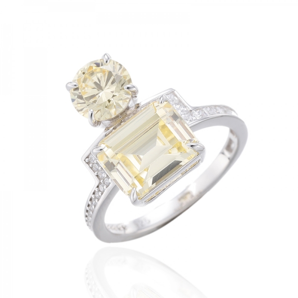 Emerald Cut And Round Diamond Yellow Cubic Zircon Rhodium Silver Ring 