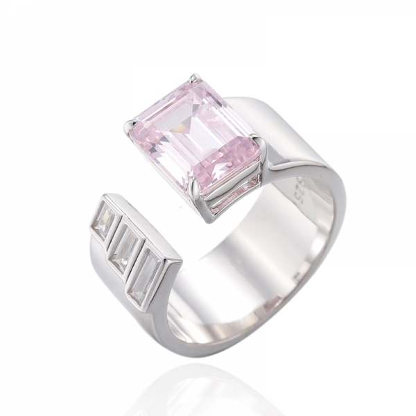 Emerald Cut Tanzanite And Baguette White Cubic Zircon Rhodium Silver Open Ring 