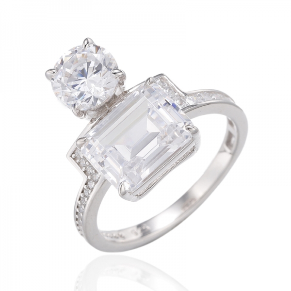 Emerald Cut And Round Diamond Yellow Cubic Zircon Rhodium Silver Ring 