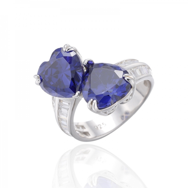 Heart Shape Tanzanite And White Cubic Zircon Rhodium Silver Ring 