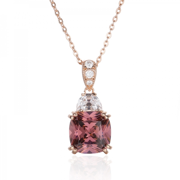 Cushion Fumed And White Cubic Zircon Silver Pendant With Rose Gold Plating 