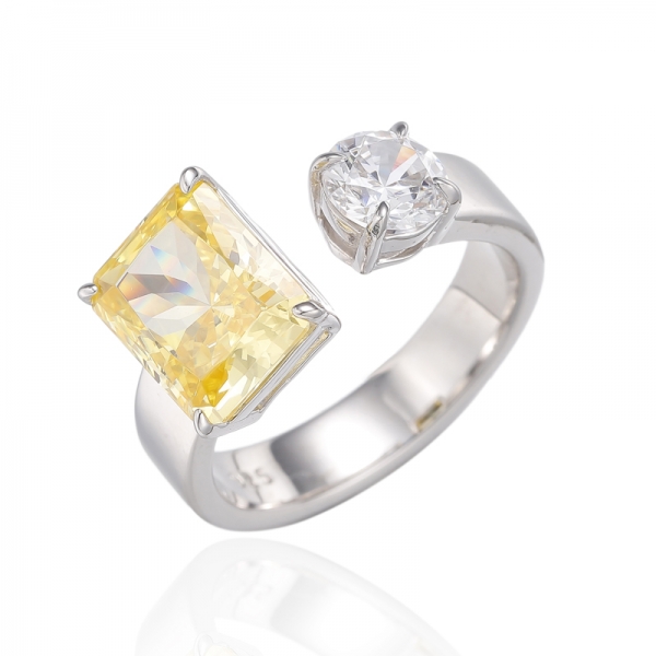 Emerald Diamond Yellow And Round White Cubic Zircon Rhodium Silver Open Ring 