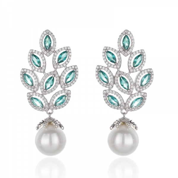 Marquise Green Nano And White Cubic Zircon Rhodium Silver Drop Pearl Earring 