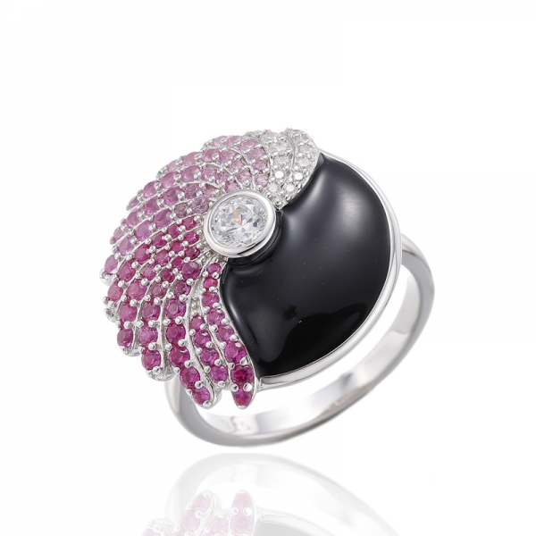 Black Enamel And Round White Cubic Zircon Rhodium Silver Ring 