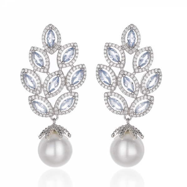 Marquise Green Nano And White Cubic Zircon Rhodium Silver Drop Pearl Earring 