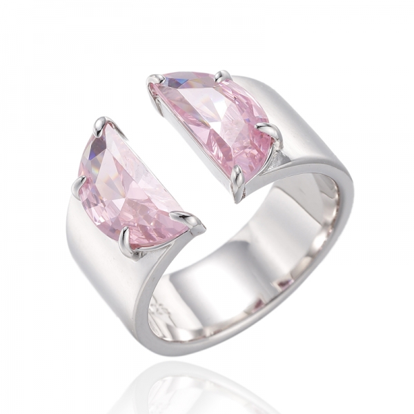 Half Moon Shape Diamond Pink Cubic Zircon Rhodium Silver Open Ring 
