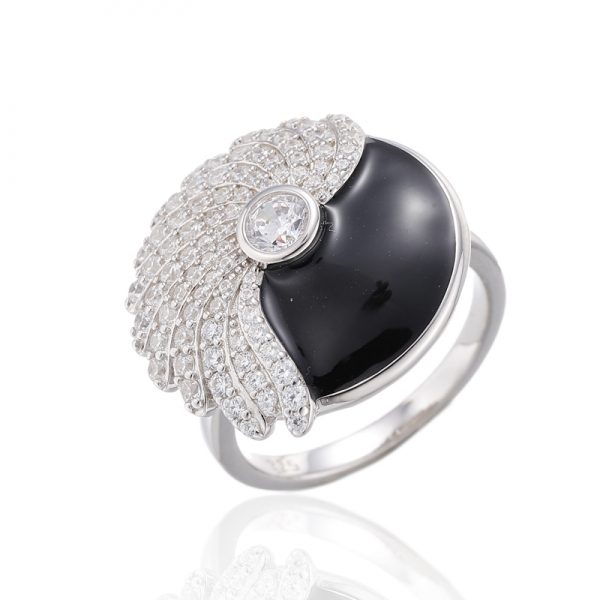 Black Enamel And Round White Cubic Zircon Rhodium Silver Ring 