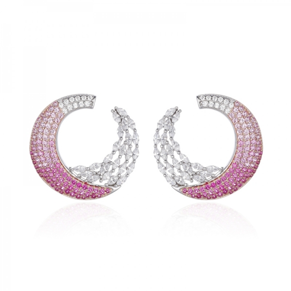 Round Red Corundum And Marquise White Cubic Zircon Silver Earring With Rhodium And Rose Gold Plating​ 