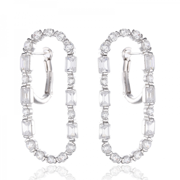 Round Blue Nano And White Cubic Zircon Rhodium Silver Earring 