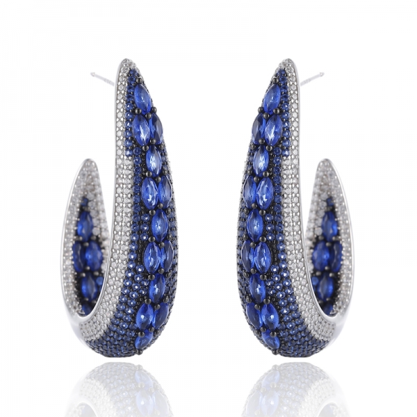 Marquise Blue Nano And Round White Cubic Zircon Silver Earring With Rhodium And Black Gold Plating 