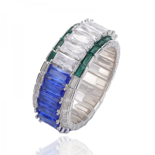 925 Baguette Blue Nano And Green Nano With White Cubic Zircon Rhodium Silver Ring 